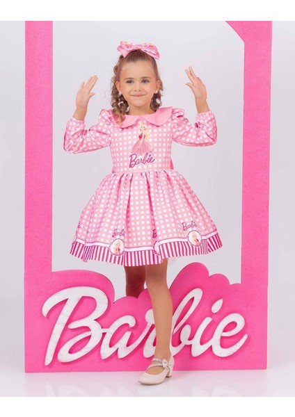Kız Çocuk Barbie Elbisesi Bebe Yaka Uzun Kollu + Toka Hediyeli 1-8 Yaş