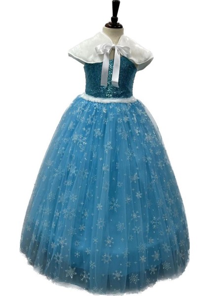 Kız Çocuk Frozen Elsa Kostümü Askılı Bolerolu Takım Taç Asa Saç Eldiven Setli