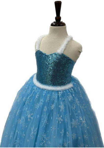 Kız Çocuk Frozen Elsa Kostümü Askılı Bolerolu Takım Taç Asa Saç Eldiven Setli
