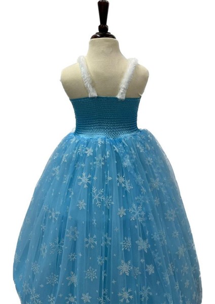 Kız Çocuk Frozen Elsa Kostümü Askılı Bolerolu Takım Taç Asa Saç Eldiven Setli