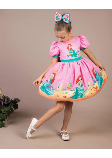 Kız Çocuk Pembe Kabarık Deniz Kızı Elbisesi Kısa Kollu Toka Hediyeli 1-8 Yaş