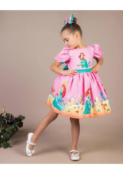 Kız Çocuk Pembe Kabarık Deniz Kızı Elbisesi Kısa Kollu Toka Hediyeli 1-8 Yaş fiyatları