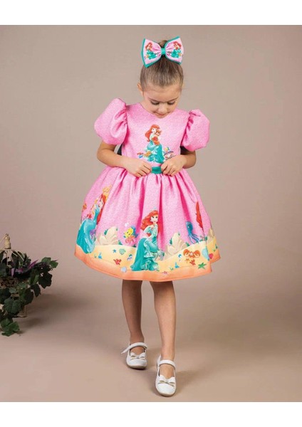 Kız Çocuk Pembe Kabarık Deniz Kızı Elbisesi Kısa Kollu Toka Hediyeli 1-8 Yaş modelleri