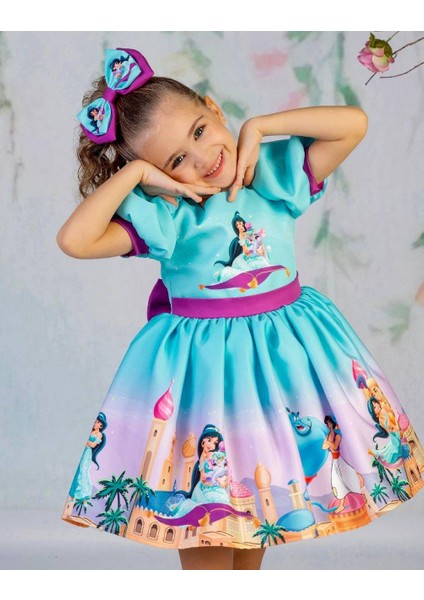 Kız Çocuk Renkli Kabarık Jasmine Elbisesi Kısa Kollu Toka Hediyeli 1-8 Yaş