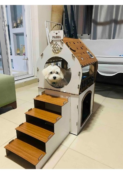 Xxl Küçük Irk Ahşap Dekoratif Minder ve Tasma Hediyeli Köpek Kulübesi -Kedi Evi Beyaz- Modena