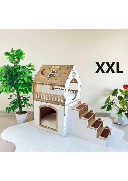 Xxl Küçük Irk Ahşap Dekoratif Minder ve Tasma Hediyeli Köpek Kulübesi -Kedi Evi Beyaz- Modena