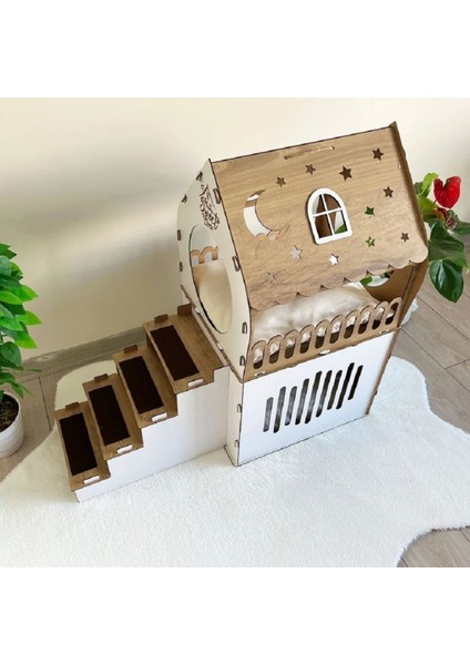 Xxl Küçük Irk Ahşap Dekoratif Minder ve Tasma Hediyeli Köpek Kulübesi -Kedi Evi Beyaz- Modena