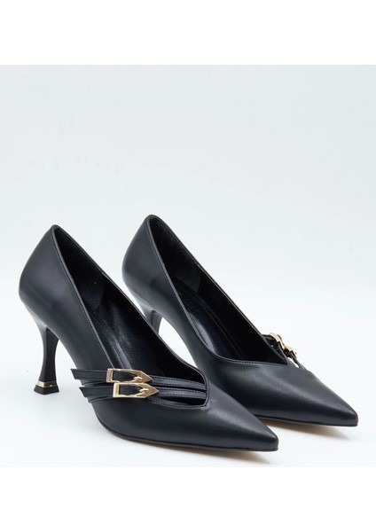 Kadın Abiye Stiletto Mat Siyah Altın Tokalı 7cm Topuklu Tam Kalıp