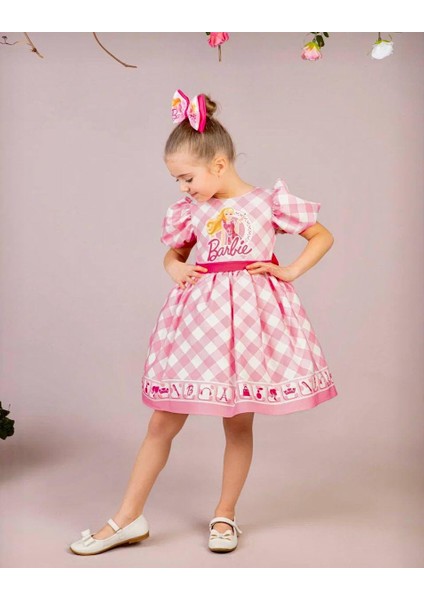 Kız Çocuk Pembe Kabarık Barbie Elbisesi Kısa Kollu Toka Hediyeli 1-8 Yaş