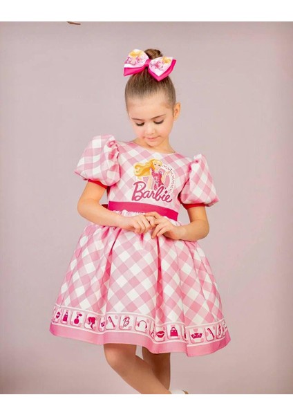 Kız Çocuk Pembe Kabarık Barbie Elbisesi Kısa Kollu Toka Hediyeli 1-8 Yaş fiyatları