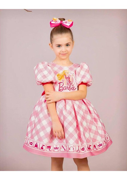 Kız Çocuk Pembe Kabarık Barbie Elbisesi Kısa Kollu Toka Hediyeli 1-8 Yaş modelleri