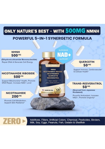 NMNH NAD Supplement Alternative W/Niacinamide Quercetin, Trans-Resveratrol, Support Nad+, Skin Cell Health*, Anti-Aging & Energy, 120 Capsul