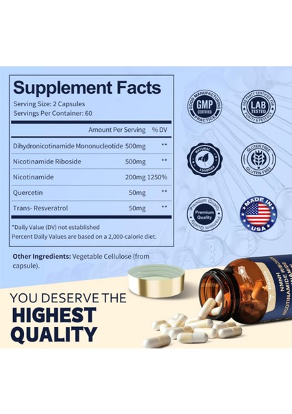 NMNH NAD Supplement Alternative W/Niacinamide Quercetin, Trans-Resveratrol, Support Nad+, Skin Cell Health*, Anti-Aging & Energy, 120 Capsul