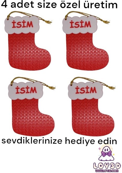Yılbaşı Çam Ağacı Süsleri Yeni Yıl Çorap 4 Adet Isme Size Özel