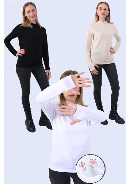 Kadın Boğazlı Parmak Detaylı Uzun Kollu Body 3lü Set