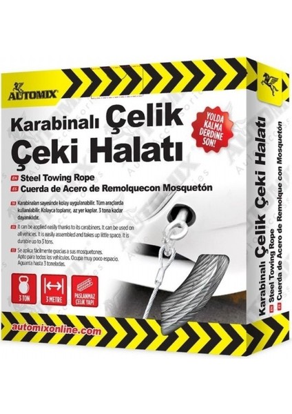 Automıx Karabinalı Çelik Çeki Halatı / 3 Ton / 3 Metre
