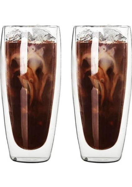 Çift Cidarlı Uzun Meşrubat - Kokteyl - Latte Cam Bardak Seti 320 Ml x 2 Adet 2324