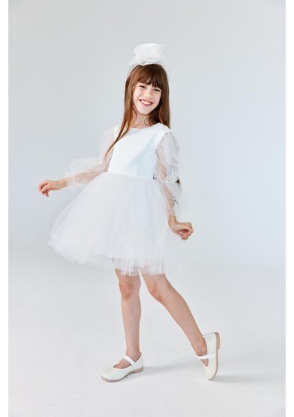 Ekru Kelebek Kanatlı Kız Çocuk Elbise - Kate