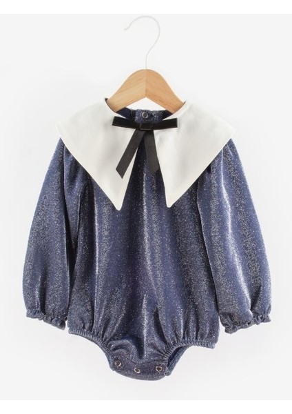 Lacivert Yaka Detaylı Simli Kız Bebek Tulum - Bailey