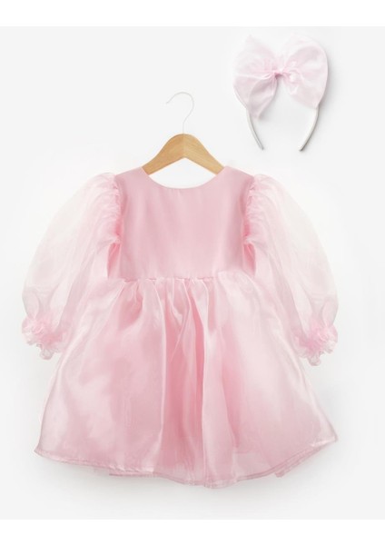 Pembe Uzun Kollu Organze Kız Çocuk Parti Elbisesi - Sage