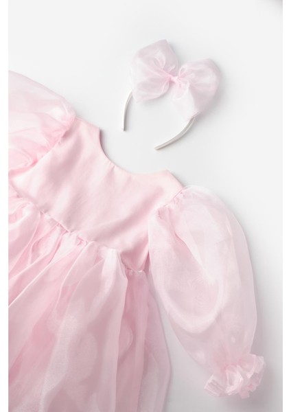 Pembe Uzun Kollu Organze Kız Çocuk Parti Elbisesi - Sage modelleri
