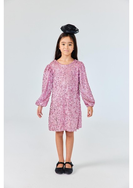 Gülkurusu Üzeri Pullu Kadife Kız Çocuk Elbise - Oriel