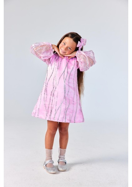 Pembe Sim Detaylı Kız Çocuk Elbise - Corrine