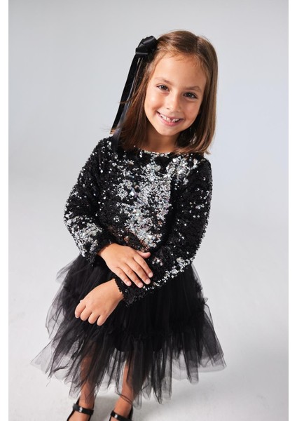 Siyah Pul Payetli Tül Etekli Kız Çocuk Ikili Takım - Milena