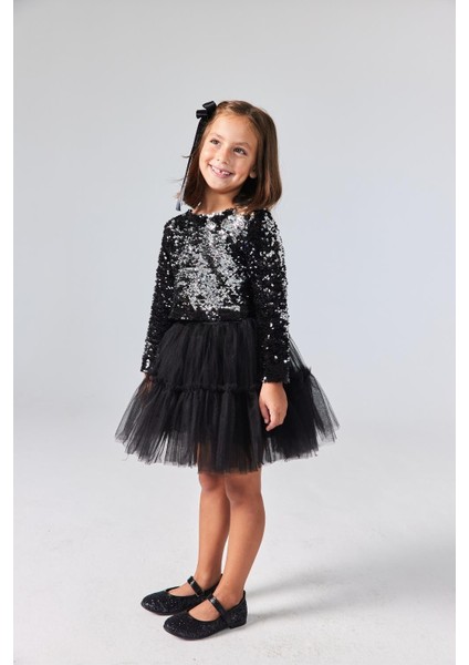 Siyah Pul Payetli Tül Etekli Kız Çocuk Ikili Takım - Milena fiyatları