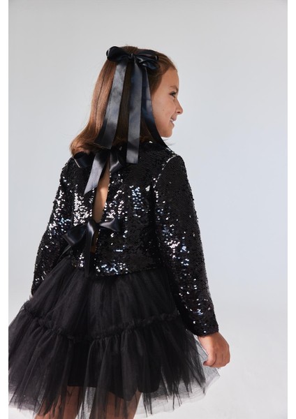 Siyah Pul Payetli Tül Etekli Kız Çocuk Ikili Takım - Milena modelleri