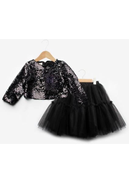 Siyah Pul Payetli Tül Etekli Kız Çocuk Ikili Takım - Milena fırsatları