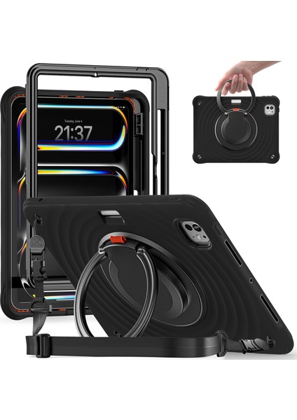iPad Pro 11 (2024) Omuz Askılı Kickstand Pc+Silikon+Tpu Tablet Kılıfı (Yurt Dışından)