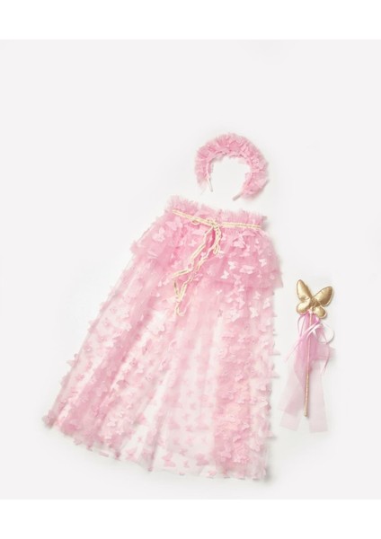 Pembe Kelebek Aplikeli Kız Çocuk Pelerin Asa Taç Set