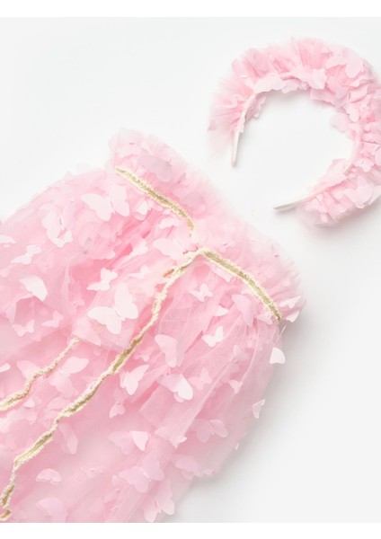Pembe Kelebek Aplikeli Kız Çocuk Pelerin Asa Taç Set