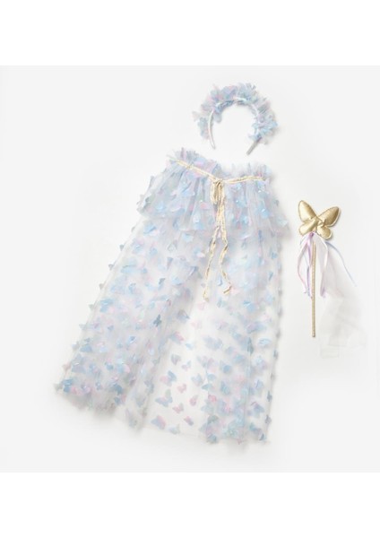 Mavi Kelebek Aplikeli Kız Çocuk Pelerin Asa Taç Set