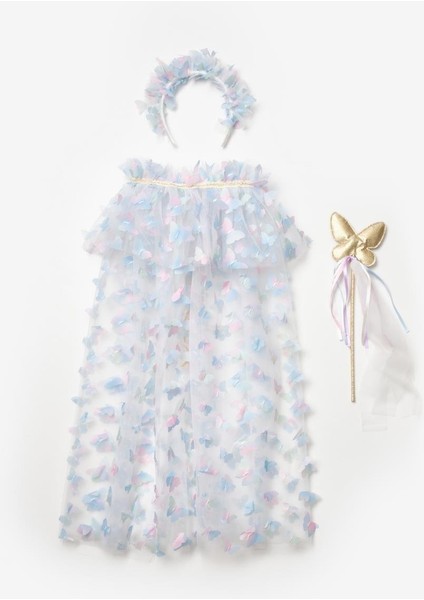 Mavi Kelebek Aplikeli Kız Çocuk Pelerin Asa Taç Set fiyatları