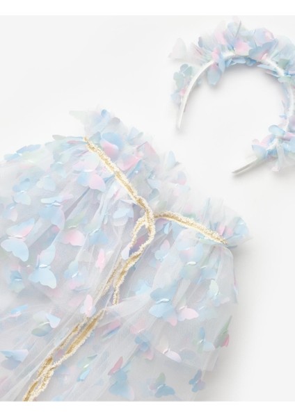 Mavi Kelebek Aplikeli Kız Çocuk Pelerin Asa Taç Set modelleri