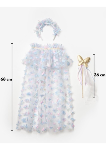 Mavi Kelebek Aplikeli Kız Çocuk Pelerin Asa Taç Set fırsatları