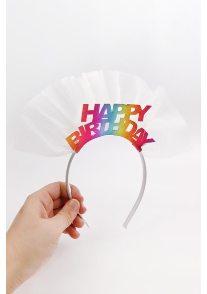 Beyaz Tüllü Happy Birthday Kız Çocuk Taç