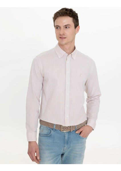 Erkek Slim Fit Uzun Kollu Gömlek-Bej