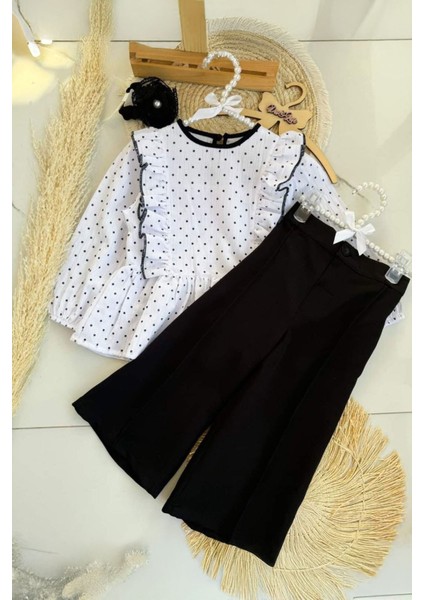 Puantiyeli Kız Çocuk Pantolonlu takım - Beyazsiyah