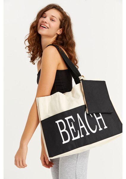 Kadın Beach Yazılı Plaj Çantası Krem