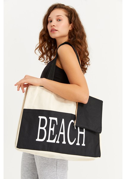 Kadın Beach Yazılı Plaj Çantası Krem