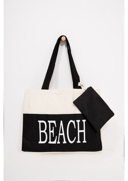 Kadın Beach Yazılı Plaj Çantası Krem