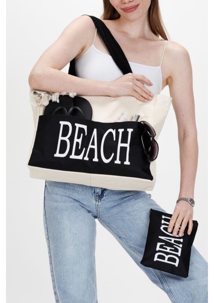 Kadın Beach Yazılı Plaj Çantası Krem