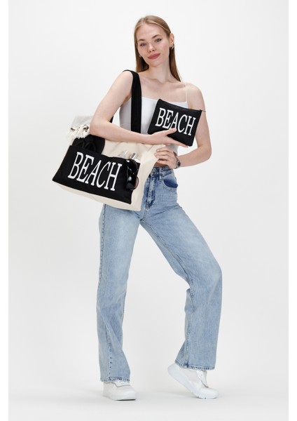 Kadın Beach Yazılı Plaj Çantası Krem