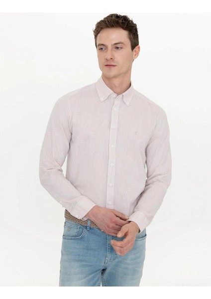 Erkek Slim Fit Uzun Kollu Gömlek-Bej