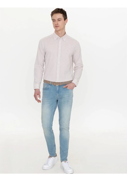 Erkek Slim Fit Uzun Kollu Gömlek-Bej