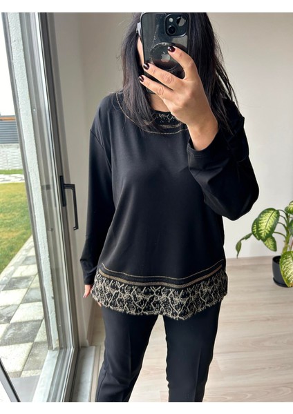 Kadın Büyük Beden Baskılı Yaka ve Etek Taş Detaylı Bluz -BGB69 fiyatları