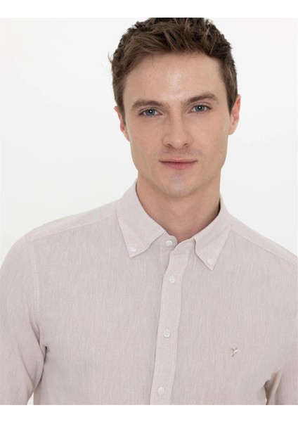 Erkek Slim Fit Uzun Kollu Gömlek-Bej